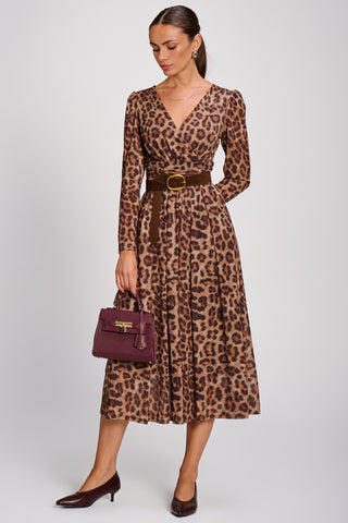 Mesh Long Sleeve Pleated Maxi Dress , Brown Animal