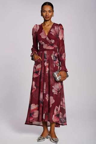 Long Sleeve V Neck Mesh Maxi Dress, Burgundy Floral