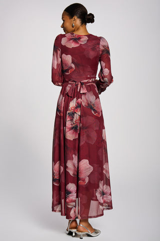 Long Sleeve V Neck Mesh Maxi Dress, Burgundy Floral