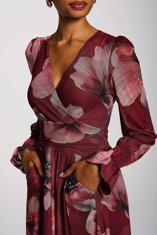 Long Sleeve V Neck Mesh Maxi Dress, Burgundy Floral