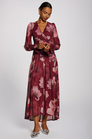 Long Sleeve V Neck Mesh Maxi Dress, Burgundy Floral