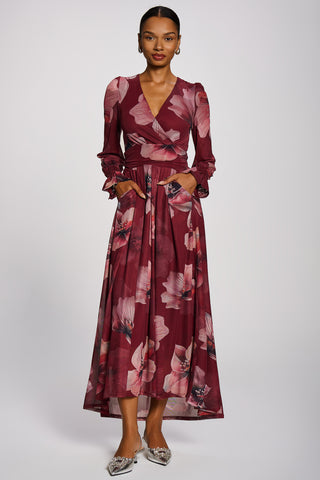Long Sleeve V Neck Mesh Maxi Dress, Burgundy Floral