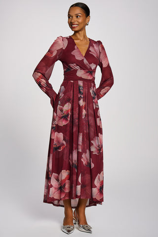 Long Sleeve V Neck Mesh Maxi Dress, Burgundy Floral