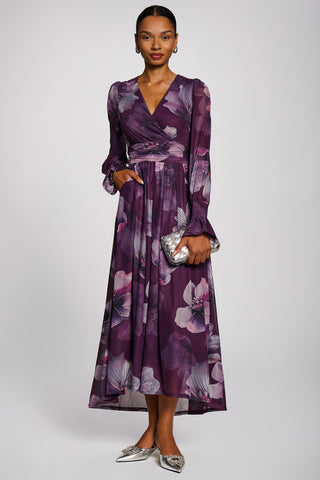 Long Sleeve V Neck Mesh Maxi Dress, Purple Floral