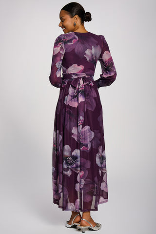 Long Sleeve V Neck Mesh Maxi Dress, Purple Floral