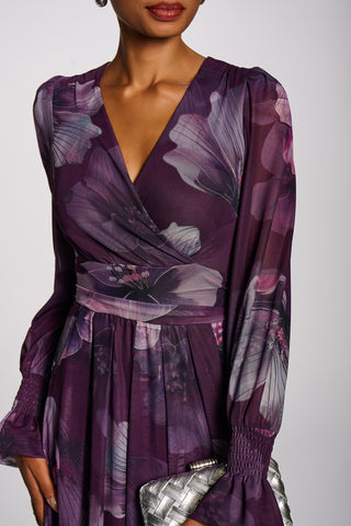 Long Sleeve V Neck Mesh Maxi Dress, Purple Floral
