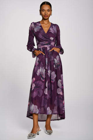 Long Sleeve V Neck Mesh Maxi Dress, Purple Floral
