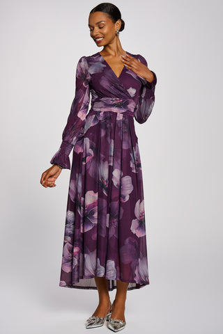 Long Sleeve V Neck Mesh Maxi Dress, Purple Floral