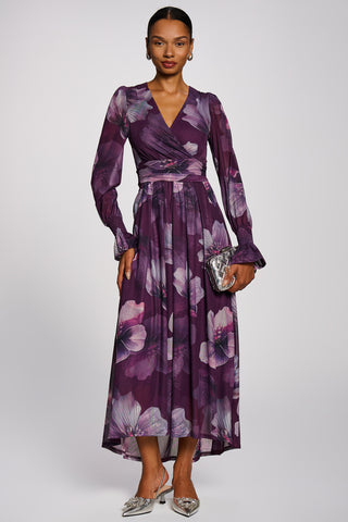 Long Sleeve V Neck Mesh Maxi Dress, Purple Floral