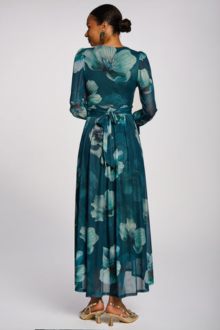 Long Sleeve V Neck Mesh Maxi Dress, Teal Floral
