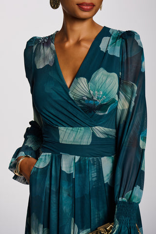 Long Sleeve V Neck Mesh Maxi Dress, Teal Floral