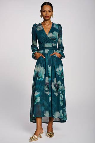 Long Sleeve V Neck Mesh Maxi Dress, Teal Floral