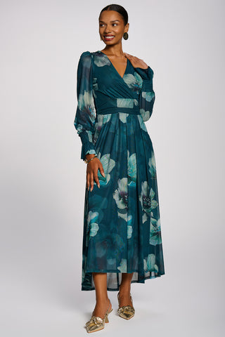 Long Sleeve V Neck Mesh Maxi Dress, Teal Floral