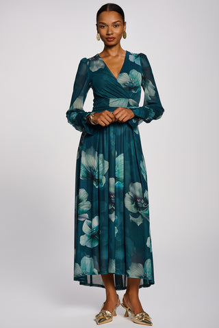 Long Sleeve V Neck Mesh Maxi Dress, Teal Floral