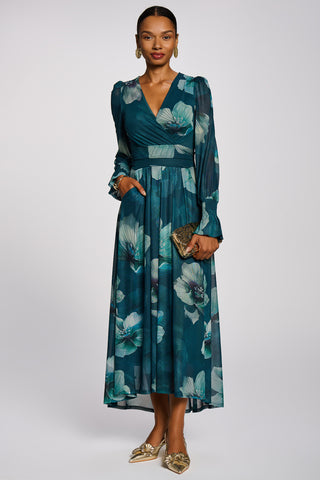 Long Sleeve V Neck Mesh Maxi Dress, Teal Floral