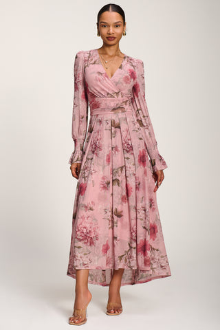 Long Sleeve V Neck Mesh Maxi Dress, Pink Floral