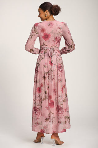 Long Sleeve V Neck Mesh Maxi Dress, Pink Floral