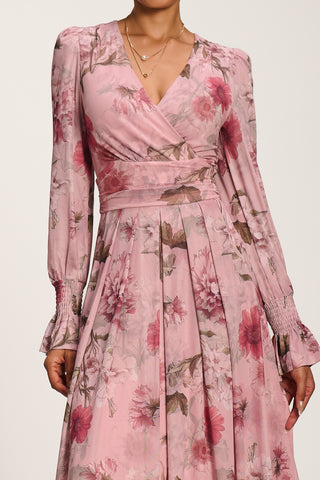 Long Sleeve V Neck Mesh Maxi Dress, Pink Floral