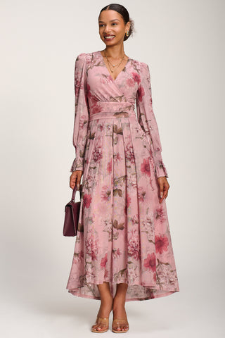 Long Sleeve V Neck Mesh Maxi Dress, Pink Floral