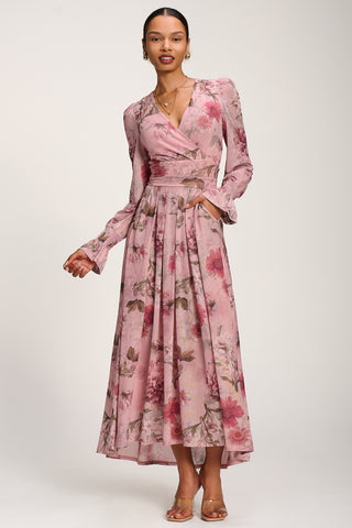 Long Sleeve V Neck Mesh Maxi Dress, Pink Floral