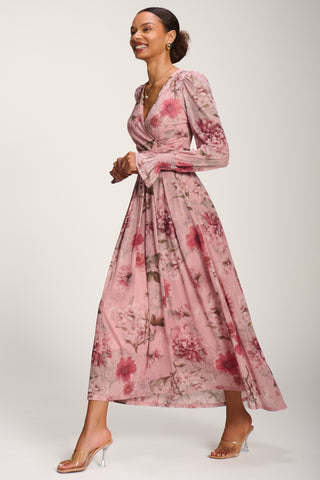 Long Sleeve V Neck Mesh Maxi Dress, Pink Floral