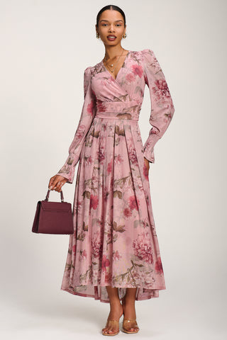 Long Sleeve V Neck Mesh Maxi Dress, Pink Floral