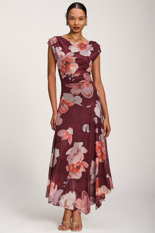 Asymmetrical Draped Mesh Maxi Dress, Burgundy Floral