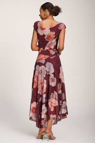 Asymmetrical Draped Mesh Maxi Dress, Burgundy Floral