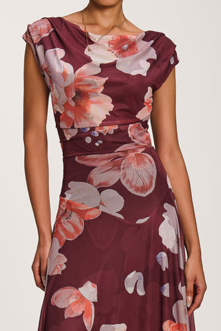 Asymmetrical Draped Mesh Maxi Dress, Burgundy Floral