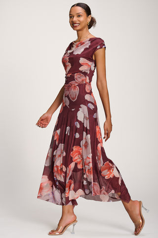 Asymmetrical Draped Mesh Maxi Dress, Burgundy Floral