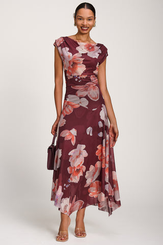 Asymmetrical Draped Mesh Maxi Dress, Burgundy Floral