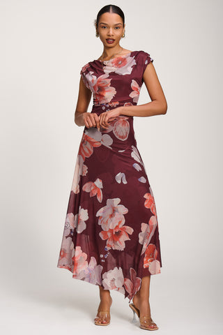 Asymmetrical Draped Mesh Maxi Dress, Burgundy Floral
