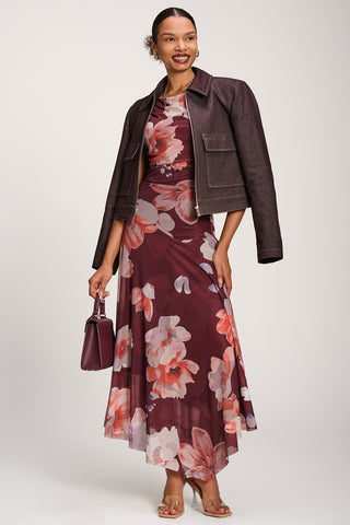 Asymmetrical Draped Mesh Maxi Dress, Burgundy Floral