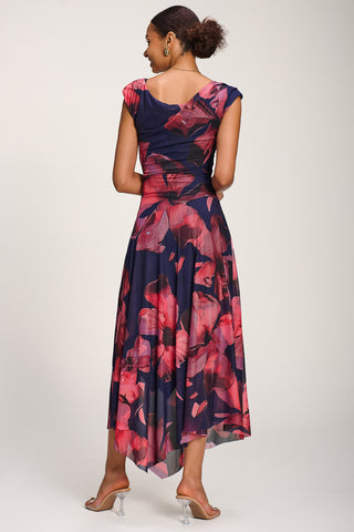 Asymmetrical Draped Mesh Maxi Dress, Navy Floral