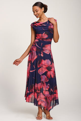 Asymmetrical Draped Mesh Maxi Dress, Navy Floral