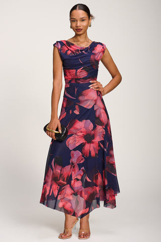 Asymmetrical Draped Mesh Maxi Dress, Navy Floral