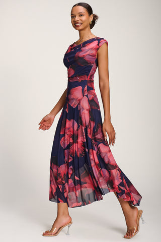 Asymmetrical Draped Mesh Maxi Dress, Navy Floral