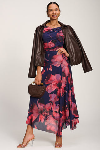 Asymmetrical Draped Mesh Maxi Dress, Navy Floral