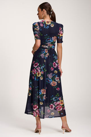 Floral Print Mesh Maxi Dress, Navy