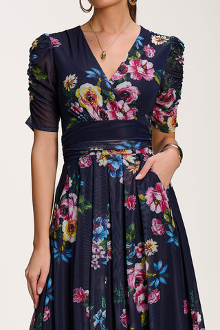 Floral Print Mesh Maxi Dress, Navy