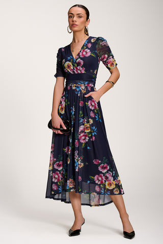 Floral Print Mesh Maxi Dress, Navy