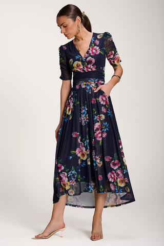Floral Print Mesh Maxi Dress, Navy