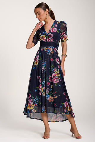 Floral Print Mesh Maxi Dress, Navy