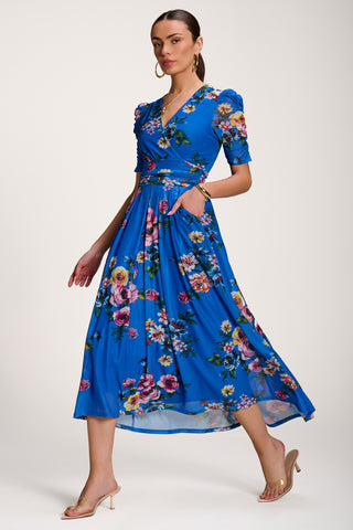 Floral Print Mesh Maxi Dress, Royal Blue