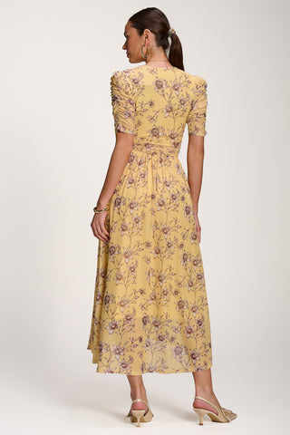 Floral Print Mesh Maxi Dress, Yellow Floral