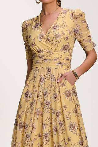 Floral Print Mesh Maxi Dress, Yellow Floral