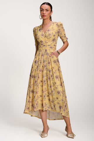 Floral Print Mesh Maxi Dress, Yellow Floral