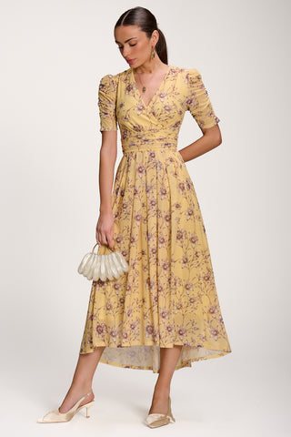 Floral Print Mesh Maxi Dress, Yellow Floral