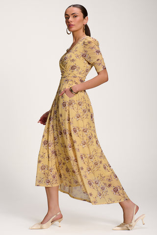 Floral Print Mesh Maxi Dress, Yellow Floral