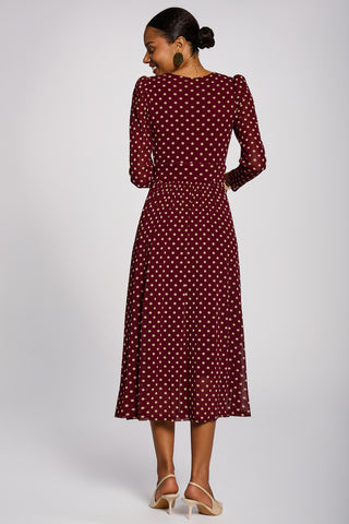 Long Sleeve Print Mesh Maxi Dress, Burgundy Spot